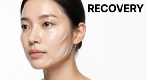 시술 후 평온한 표정의 동양인 여성과 피부 케어 비주얼